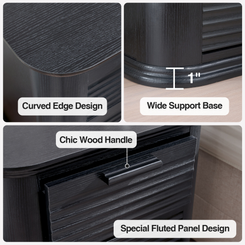 JPJPUU 22" Wide Fluted Nightstand with Charging Station, Modern End Table for Living Room, Bedroom, Home Office, Wood 3 Drawer Dresser, Large Bedside Tables, Curved Profile Design
