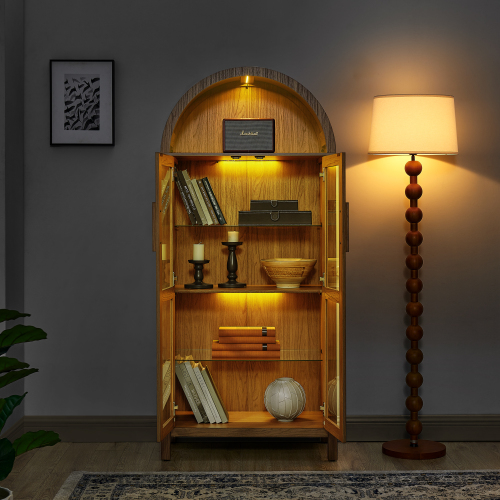 JPJPUU A high arched storage cabinet with a lamp, a modern retro-style wooden storage cabinet with adjustable glass partitions, suitable for use as a multi-functional cabinet in kitchens-Brown