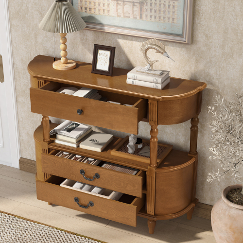 JPJPUU Retro Curved Wood Console Table with 3 Drawers, 43'' Entry Table with Storage Shelf, Sofa Table Behind Couch with Solid Wood Legs for Living Room Hallway