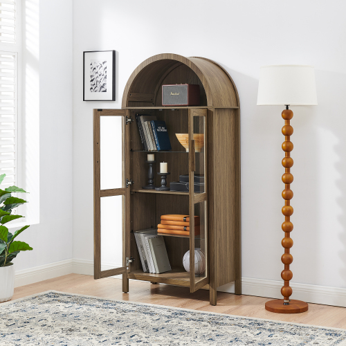 JPJPUU A high arched storage cabinet with a lamp, a modern retro-style wooden storage cabinet with adjustable glass partitions, suitable for use as a multi-functional cabinet in kitchens-Brown