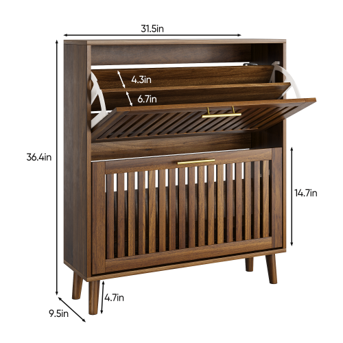 JPJPUU 31.5-inch walnut shoe storage cabinet, medieval modern independent shoe cabinet, fence shoe cabinet with 2 flip drawers, suitable for corridors and entrances