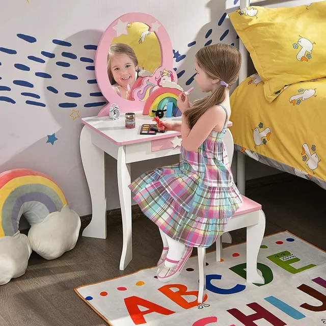 Kids Vanity Makeup Dressing Table Chair Set