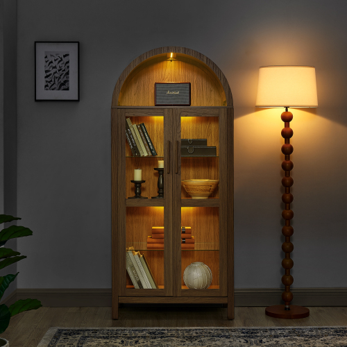 JPJPUU A high arched storage cabinet with a lamp, a modern retro-style wooden storage cabinet with adjustable glass partitions, suitable for use as a multi-functional cabinet in kitchens-Brown