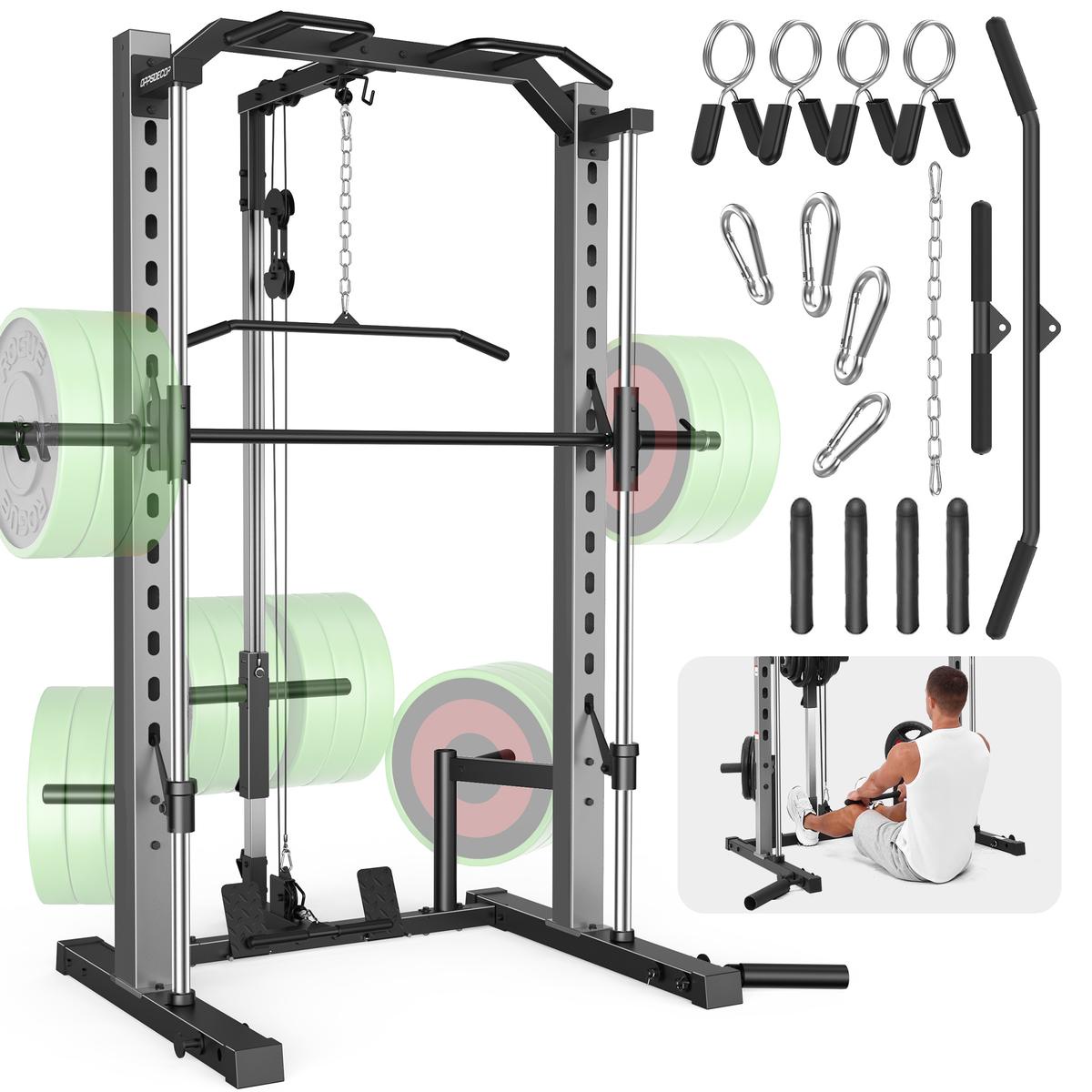 OPPSDECOR Smith Machine showing full machine with weight plate storage rods, included attachments, carabiners, handles, and a user performing seated cable row