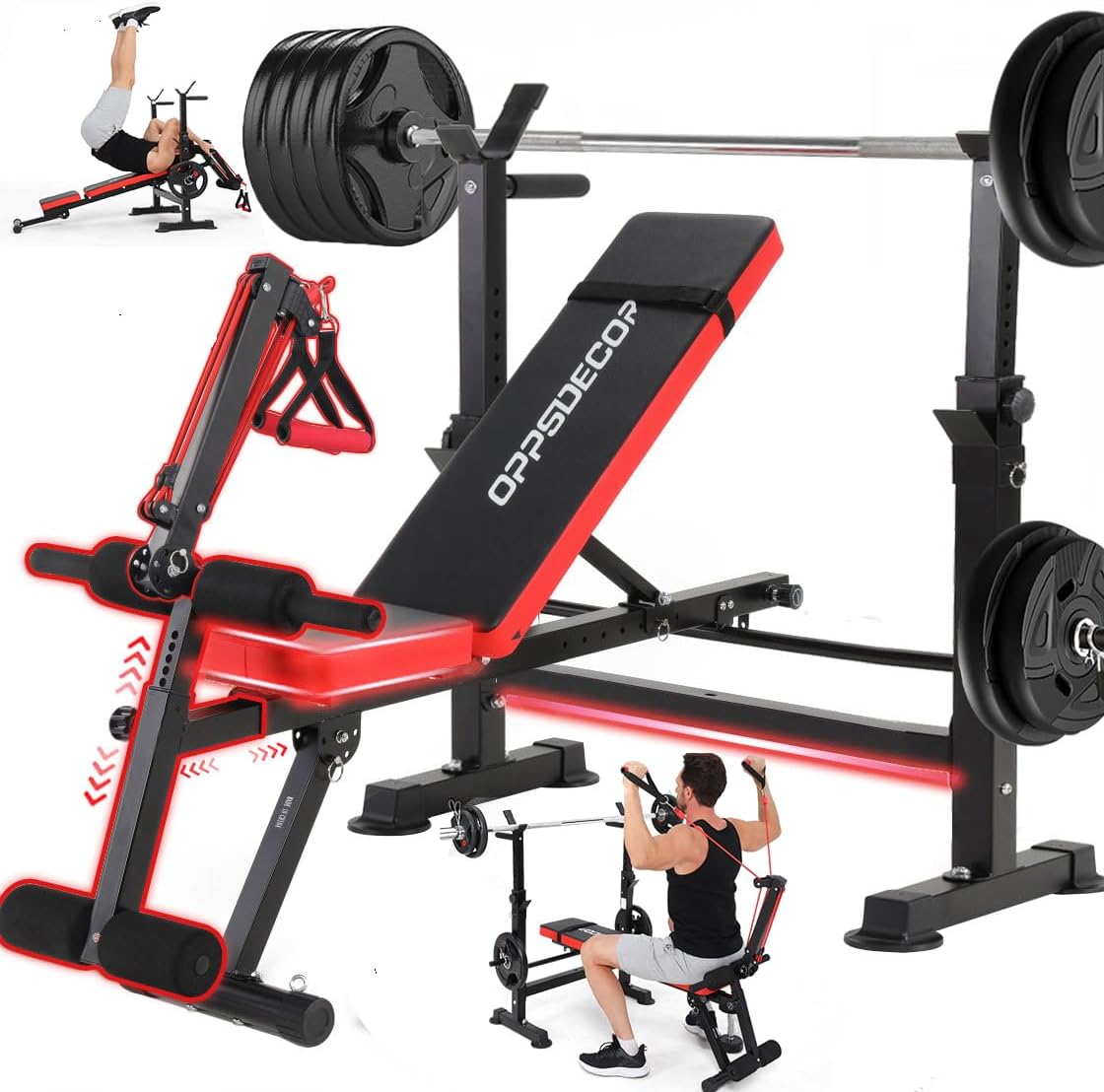 OPPSDECOR 6 in 1 Weight Bench Set with Squat Rack Foldable Adjustable Bench Press Set