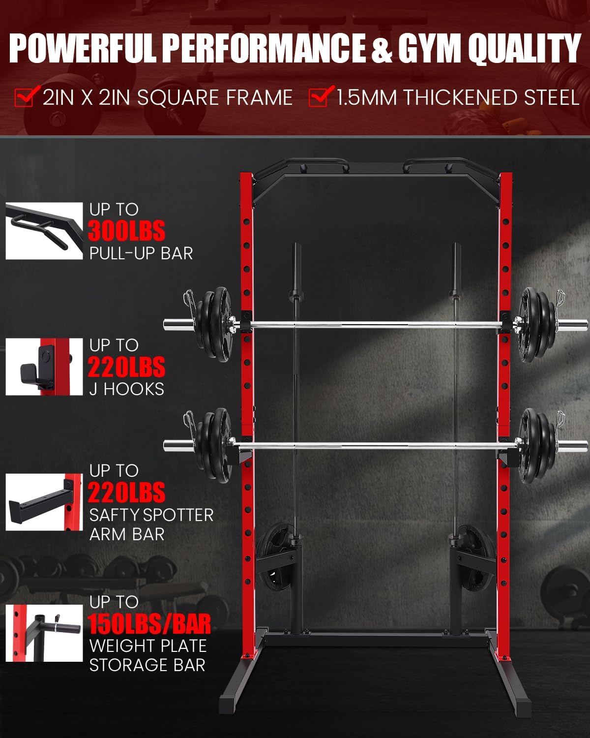 OPPSDECOR Adjustable Power Cage with Pull-Up Bar Power Rack with J-Hooks & Barbell Holders