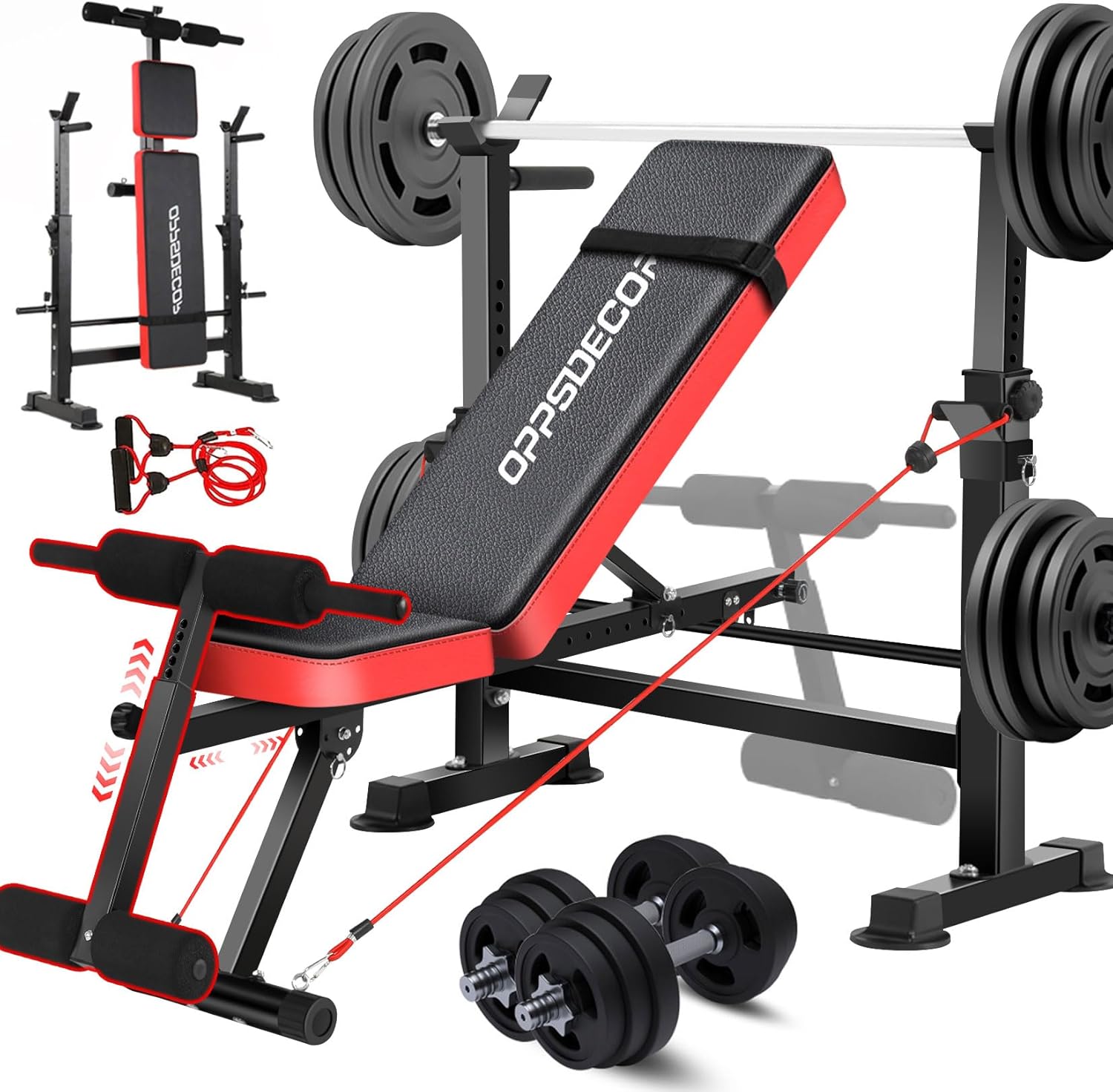 OPPSDECOR 6 in 1 Weight Bench Set with Squat Rack