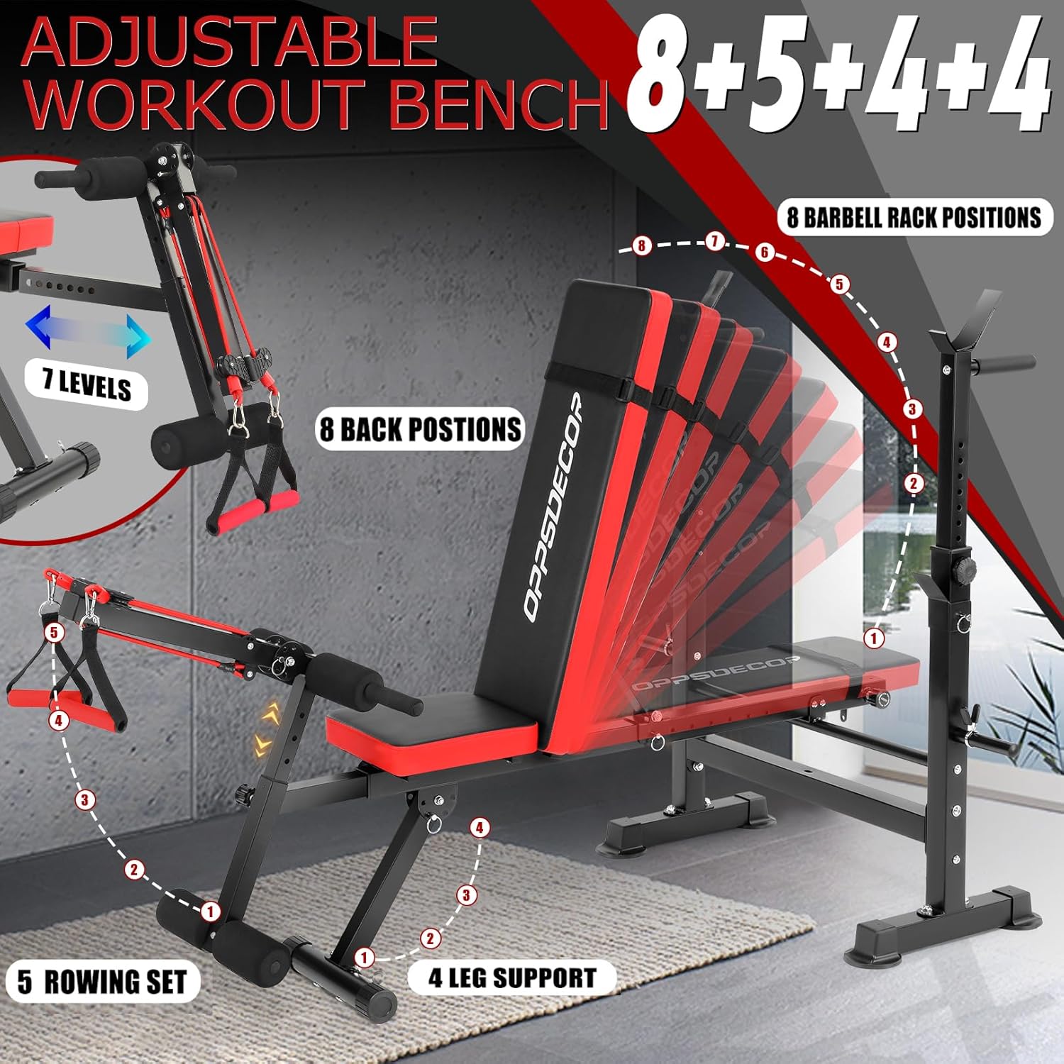 OPPSDECOR 6 in 1 Weight Bench Set with Squat Rack Foldable Adjustable Bench Press Set