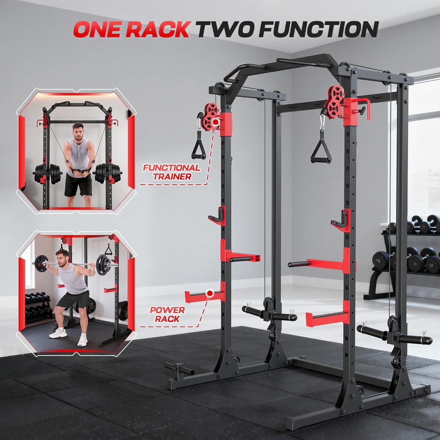 OPPSDECOR Power Cage, 1500LBS Multi-Function Squat Rack with Dual Cable Pulley System