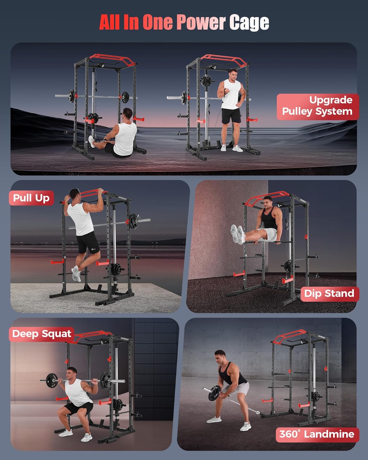 OPPSDECOR Power Cage, Multi-Function Power Rack with Adjustable Cable Pulley System