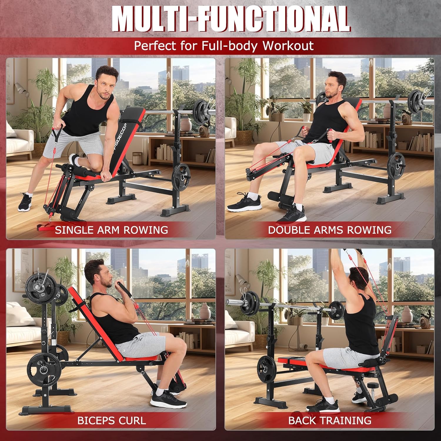 OPPSDECOR 6 in 1 Weight Bench Set with Squat Rack Foldable Adjustable Bench Press Set