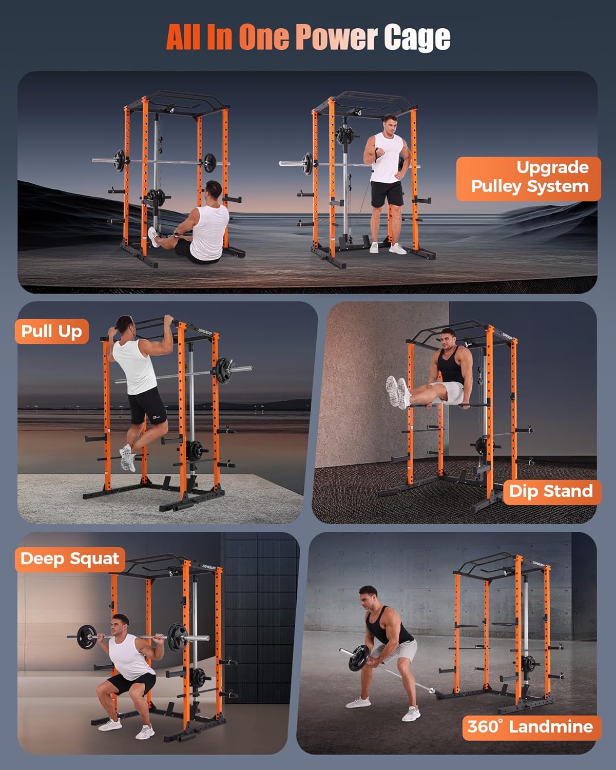 OPPSDECOR Power Cage, Multi-Function Power Rack with Adjustable Cable Pulley System