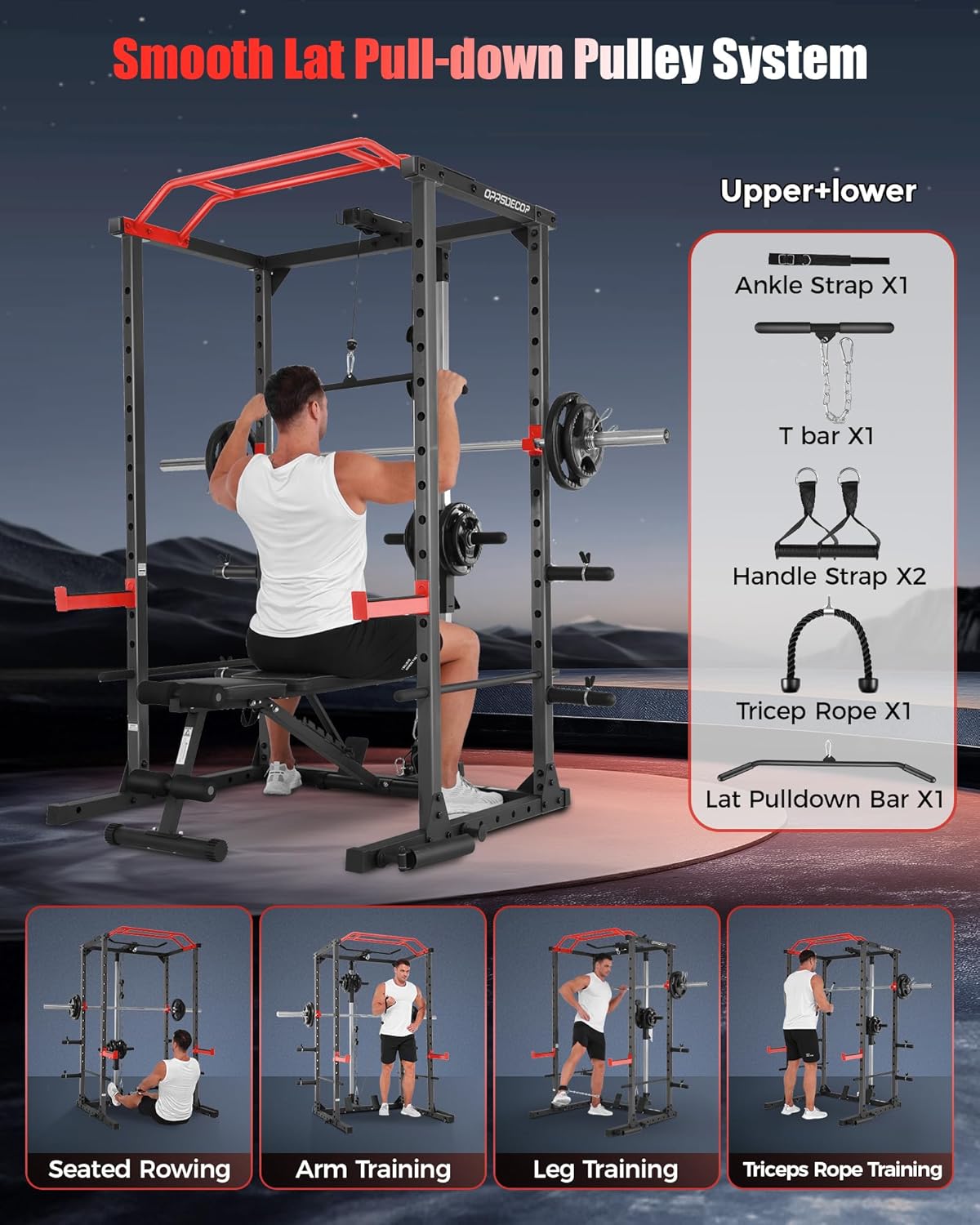 OPPSDECOR Power Cage, Multi-Function Power Rack with Adjustable Cable Pulley System
