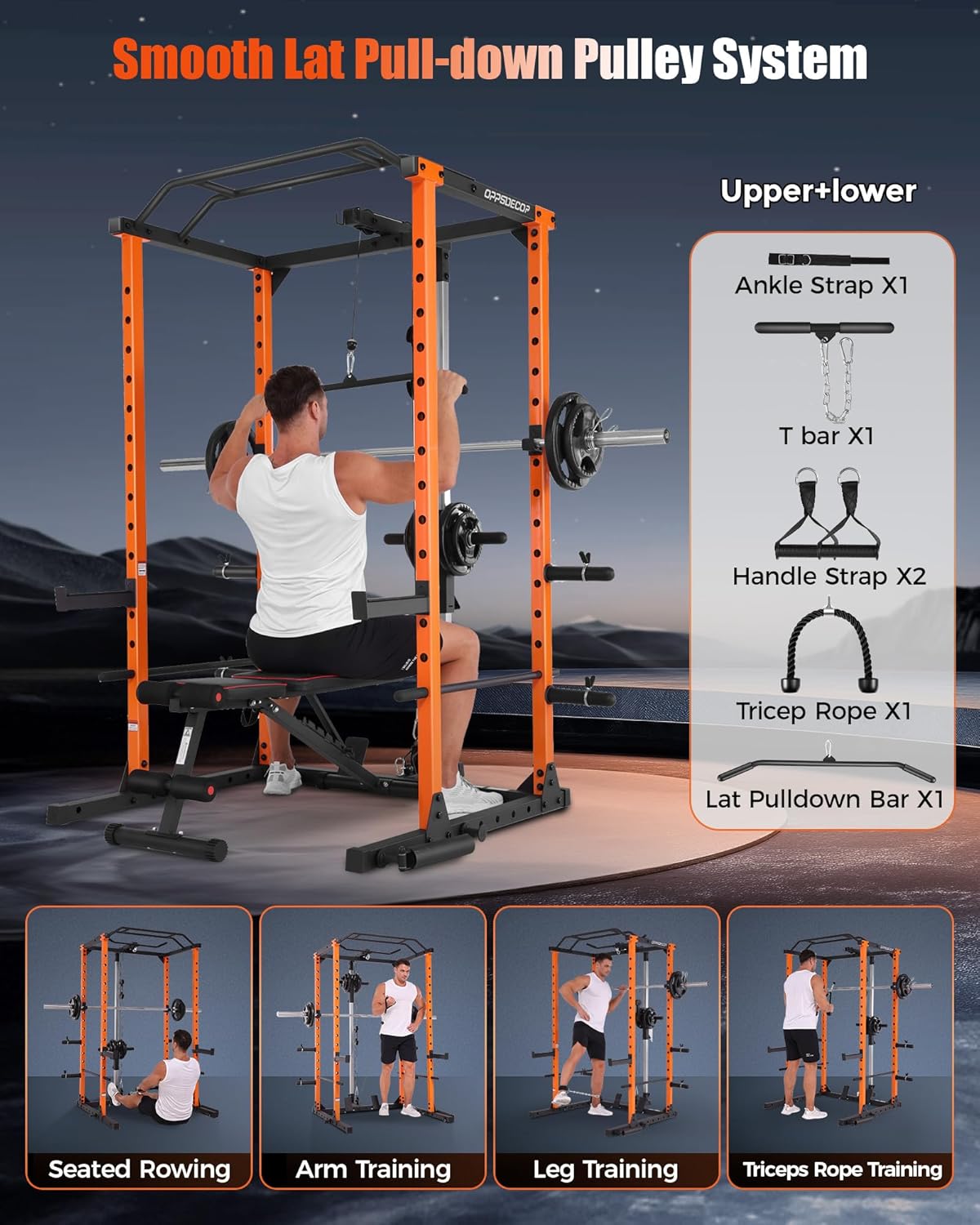 OPPSDECOR Power Cage, Multi-Function Power Rack with Adjustable Cable Pulley System