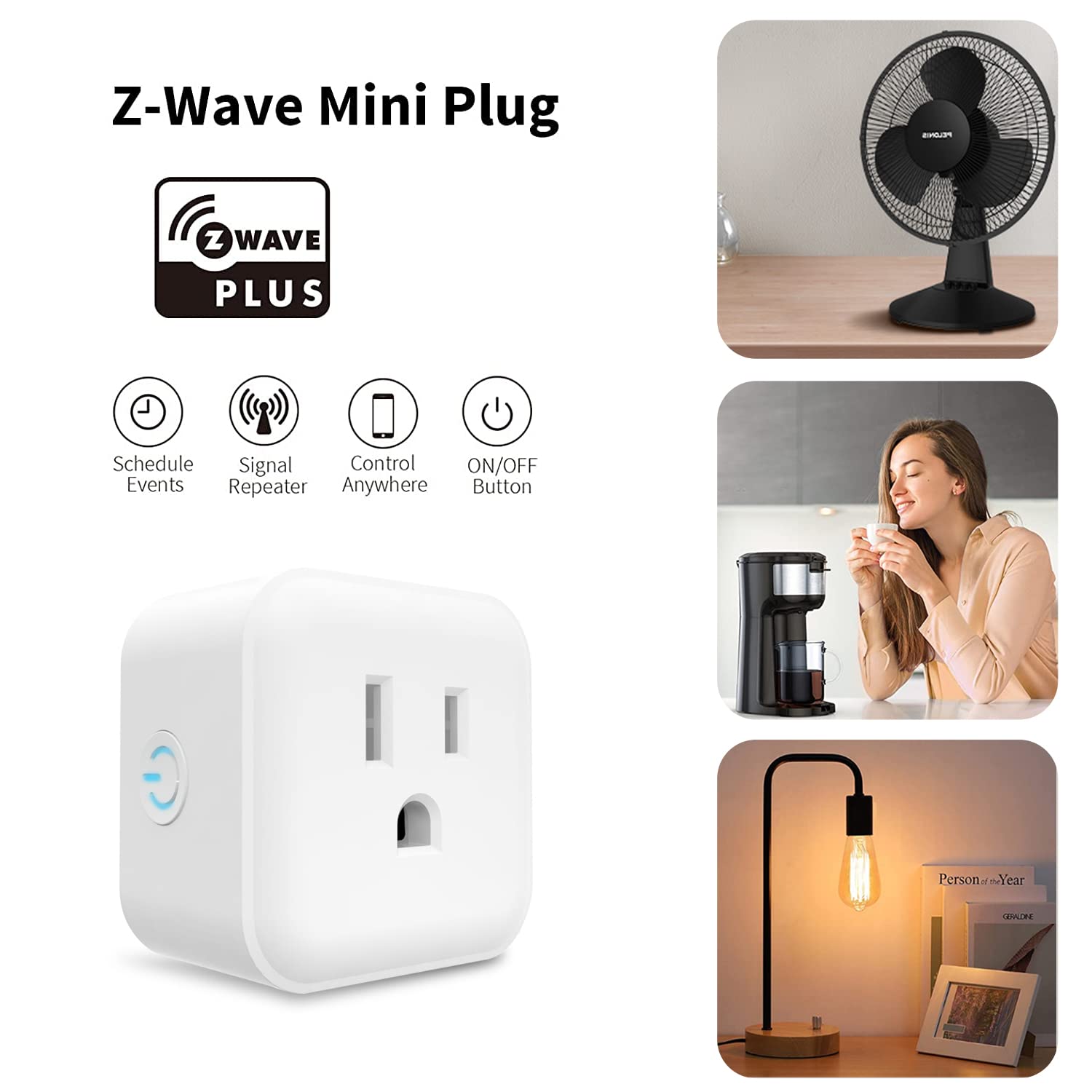 Minoston Z-Wave Plus Outlet, Mini Plug in Socket, 15A, Z-Wave Hub, MP21Z