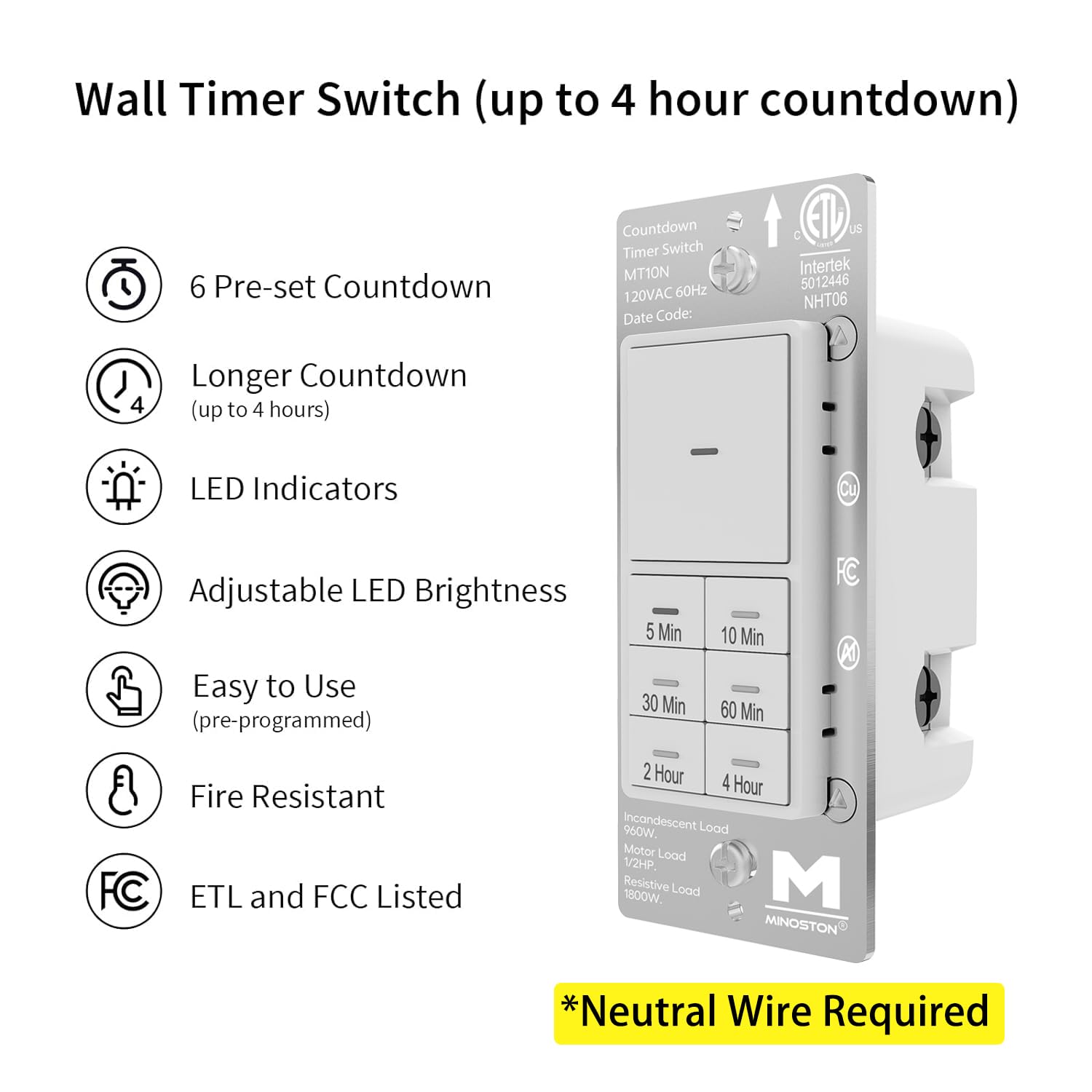 No Neutral Timer Switch TG 4 Hour Countdown Timer Switch, 5 10 30 60 Min, 2  4 Hour, For Bathroom Fans, Lights, 120VAC Neutral Wire Required, UL Listed,  Screwless Wall Plate, White,, image size:1500x1500