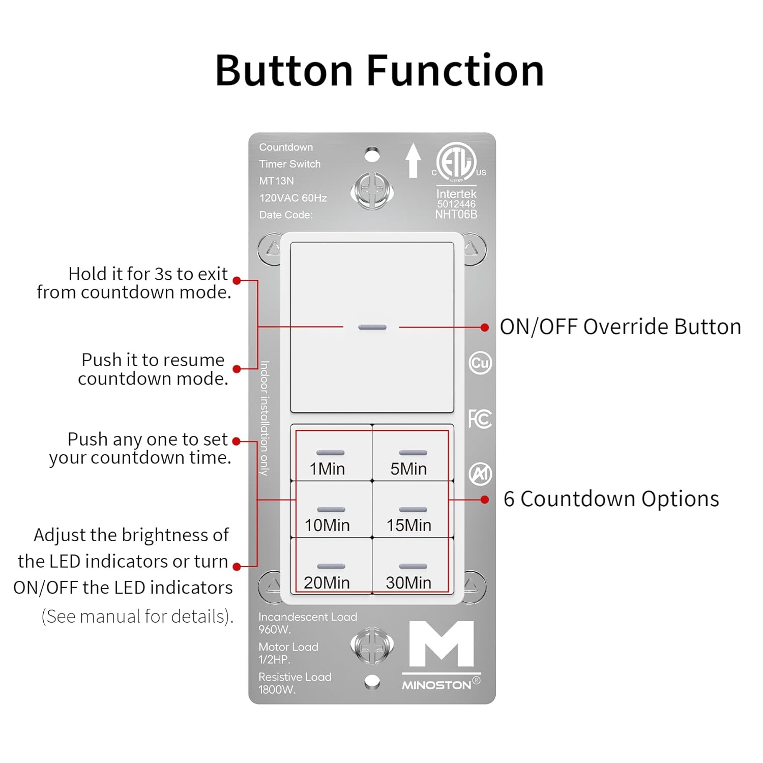 Minoston Wi-Fi 4 Hour Countdown Timer Switch for Bathroom Fans White (MT10W)