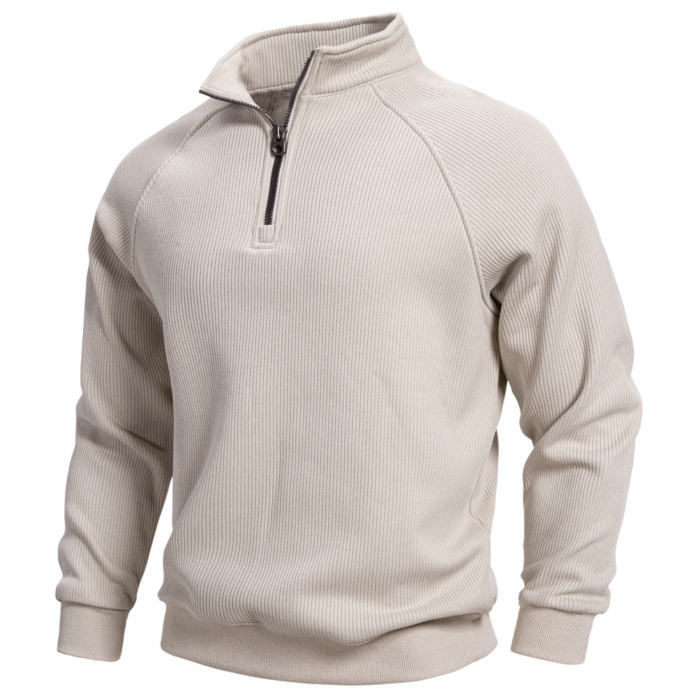Men's Simple Casual Ribbed Stand-up Collar Quarter Zip Raglan Sleeve Sweatshirt