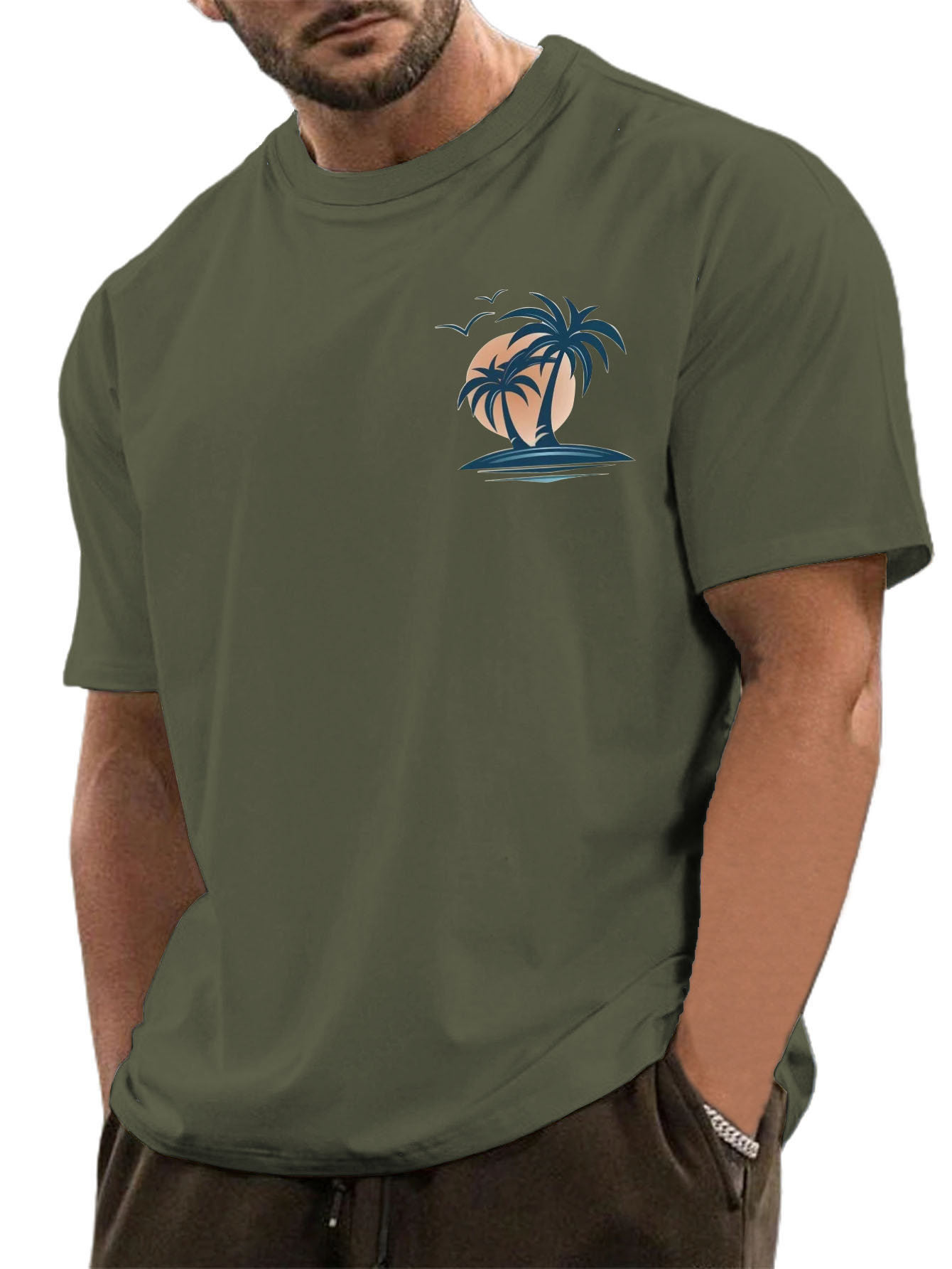 Men's Cotton Basic Casual Simple Palm Tree Print Comfortable Short-sleeved T-shirt
