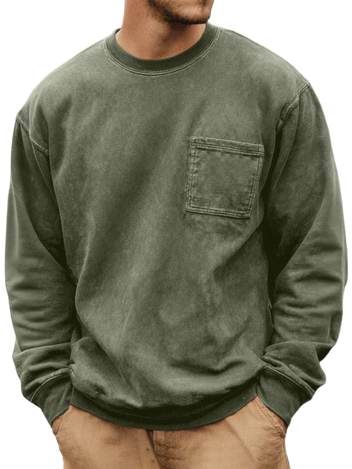 Men's Washed And Distressed Vintage Round Neck Pocket Basic Casual Long-sleeved T-shirt