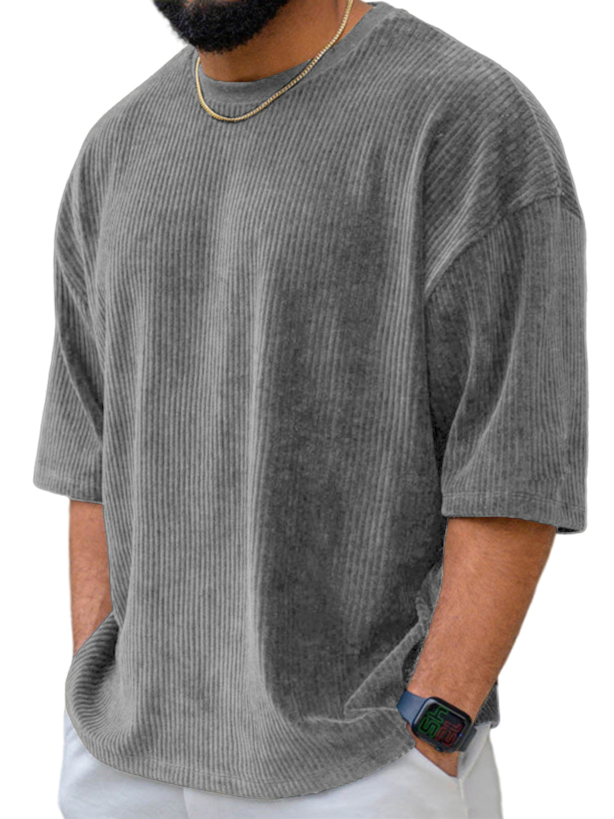 Men's Stylish Corduroy Casual Short-sleeve T-shirt with Thick Wales for Daily Wear