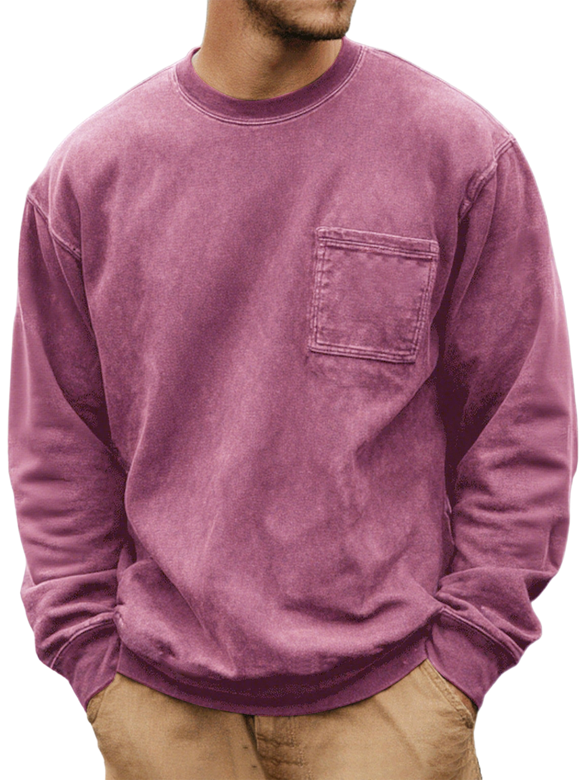 Men's Washed And Distressed Vintage Round Neck Pocket Basic Casual Long-sleeved T-shirt