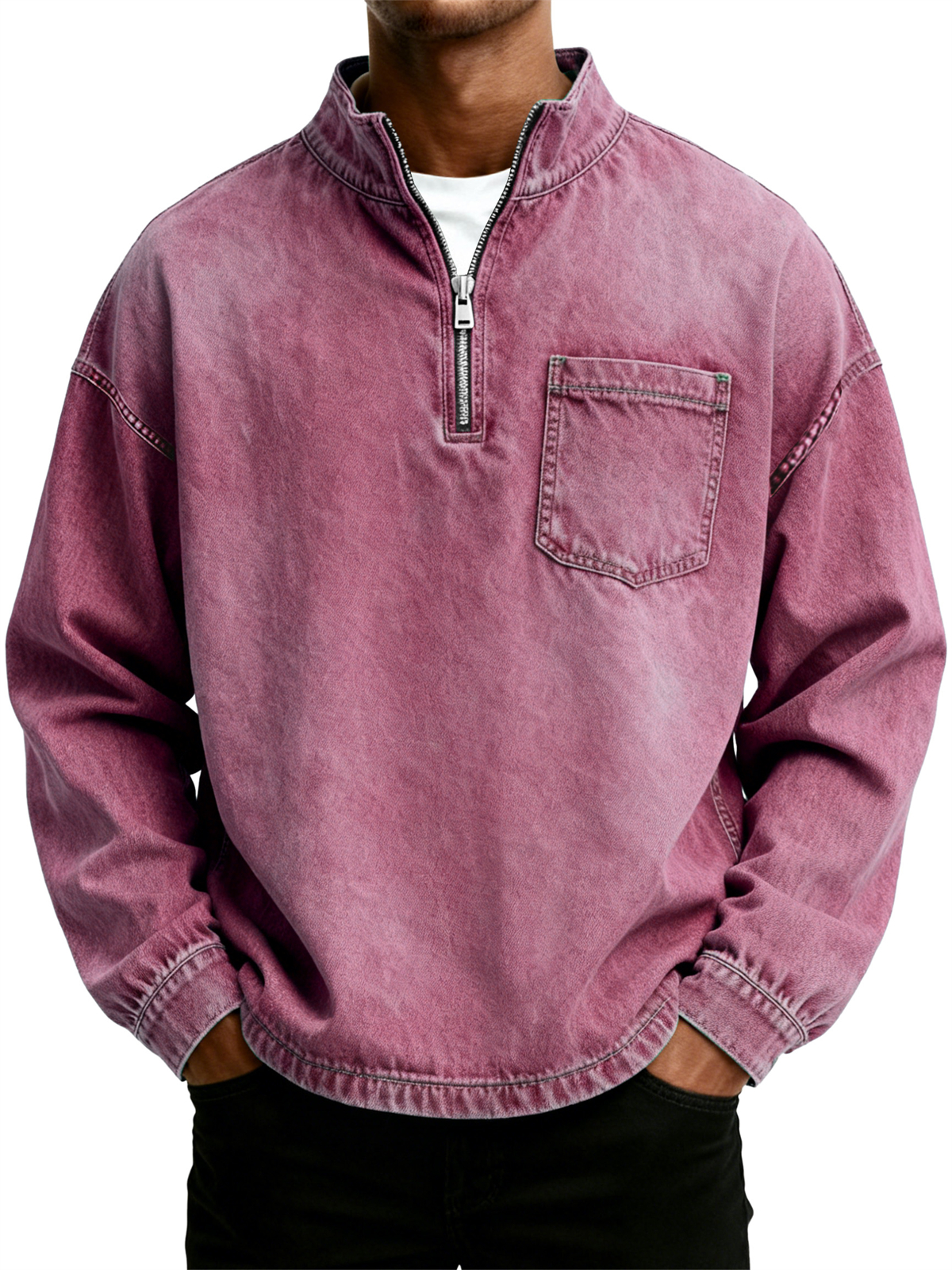 Men's Retro Washed Distressed Stand Collar Half Zipper Pocket Long Sleeve T-Shirt