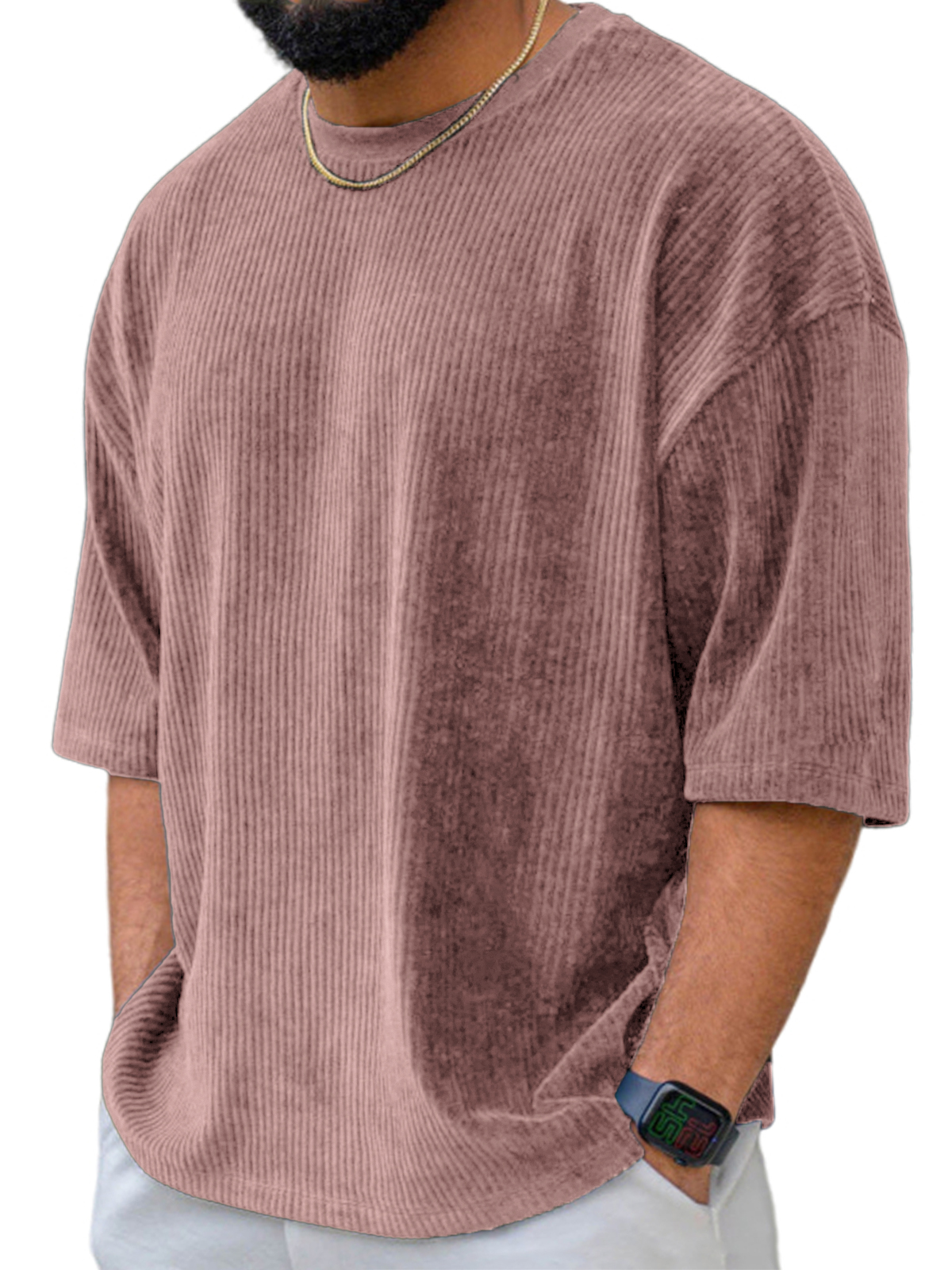 Men's Stylish Corduroy Casual Short-sleeve T-shirt with Thick Wales for Daily Wear