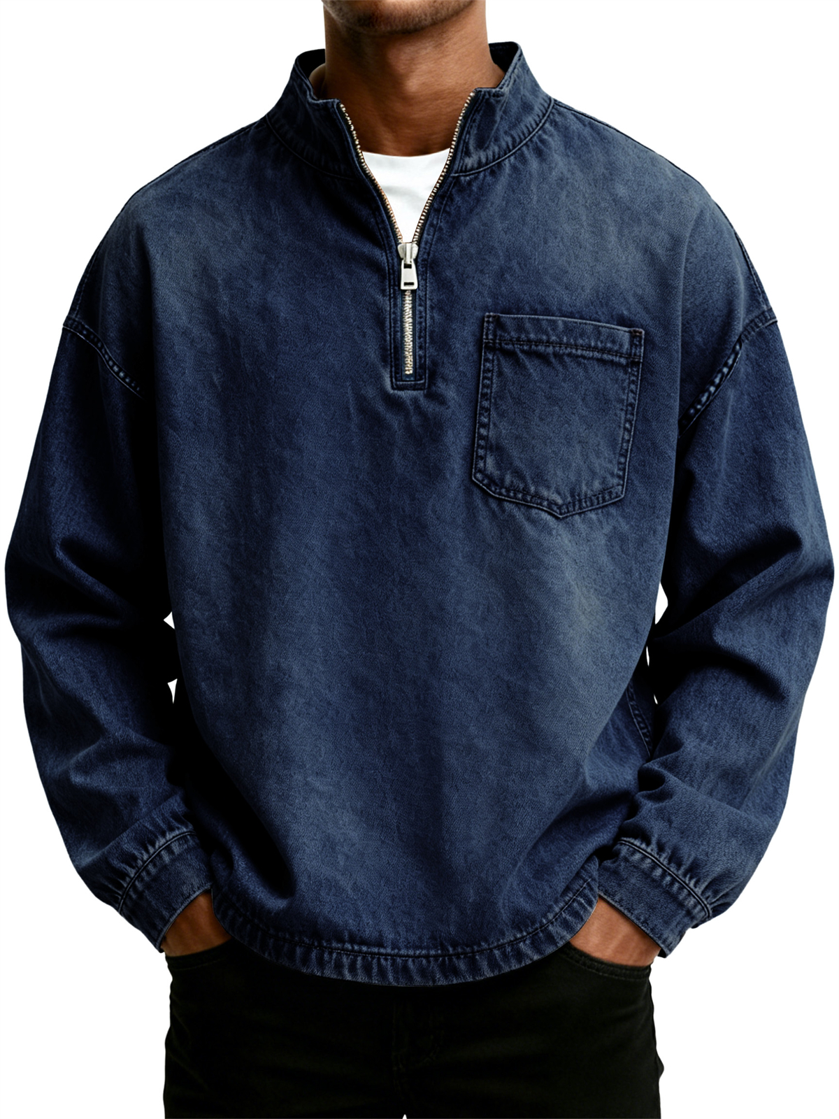 Men's Retro Washed Distressed Stand Collar Half Zipper Pocket Long Sleeve T-Shirt