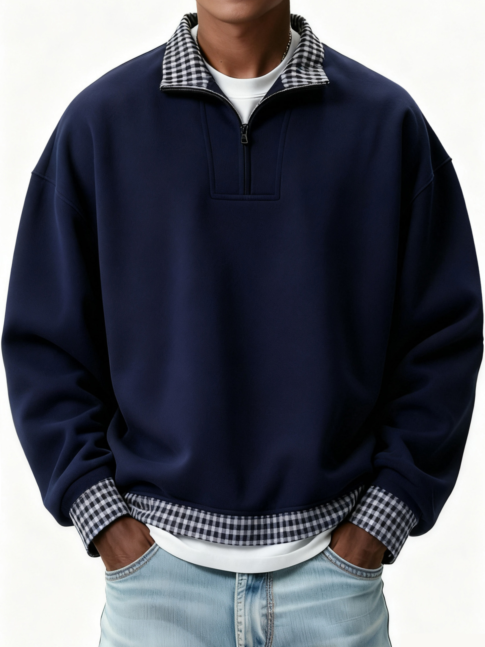 Men's Retro Casual Plaid Patchwork Quarter Zip Sweatshirt
