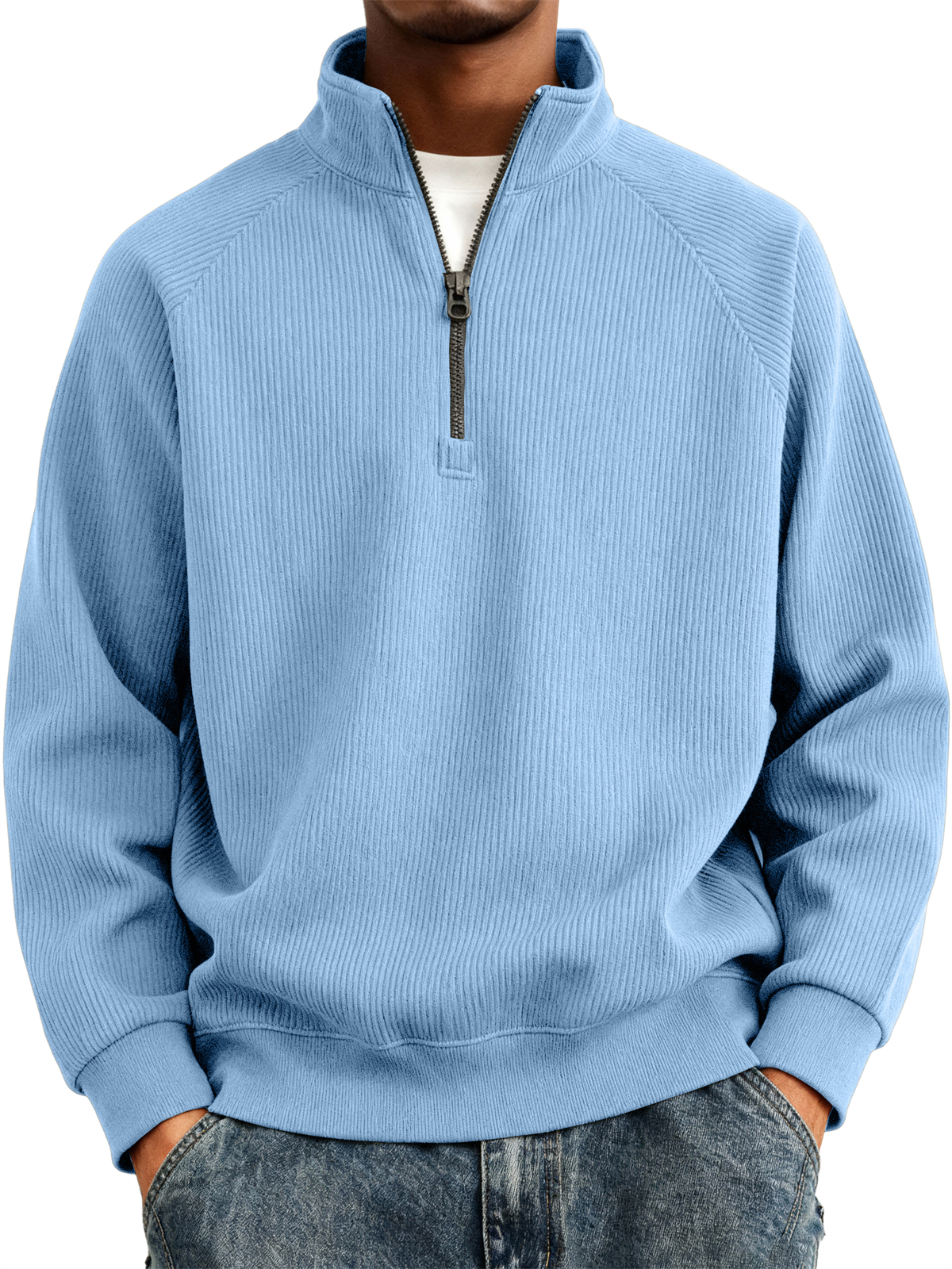 Men's Simple Casual Ribbed Stand Collar Zipper Raglan Sleeve Sweatshirt