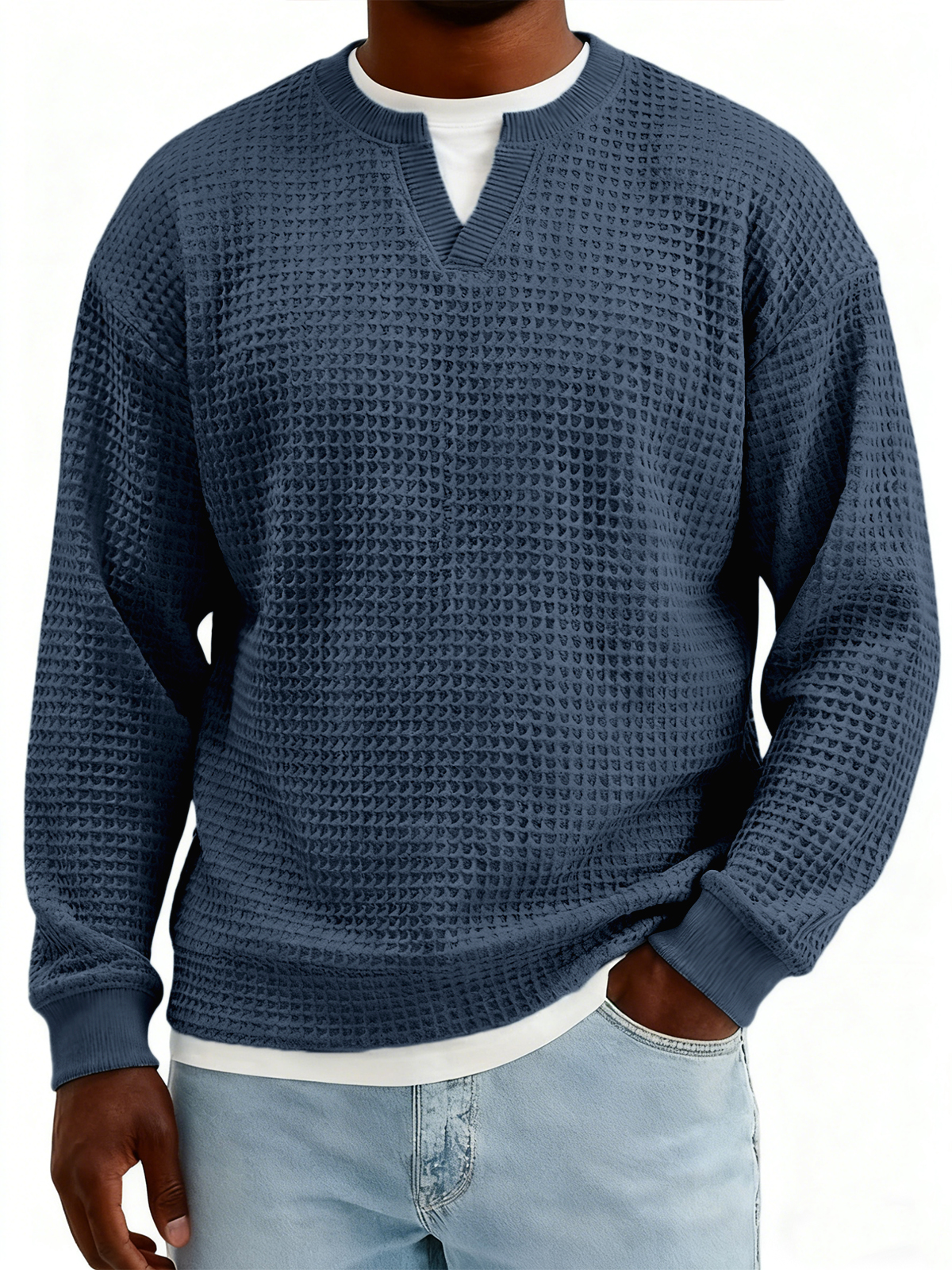Men's Textured Waffle-knit Henley V-neck Long-sleeved Top