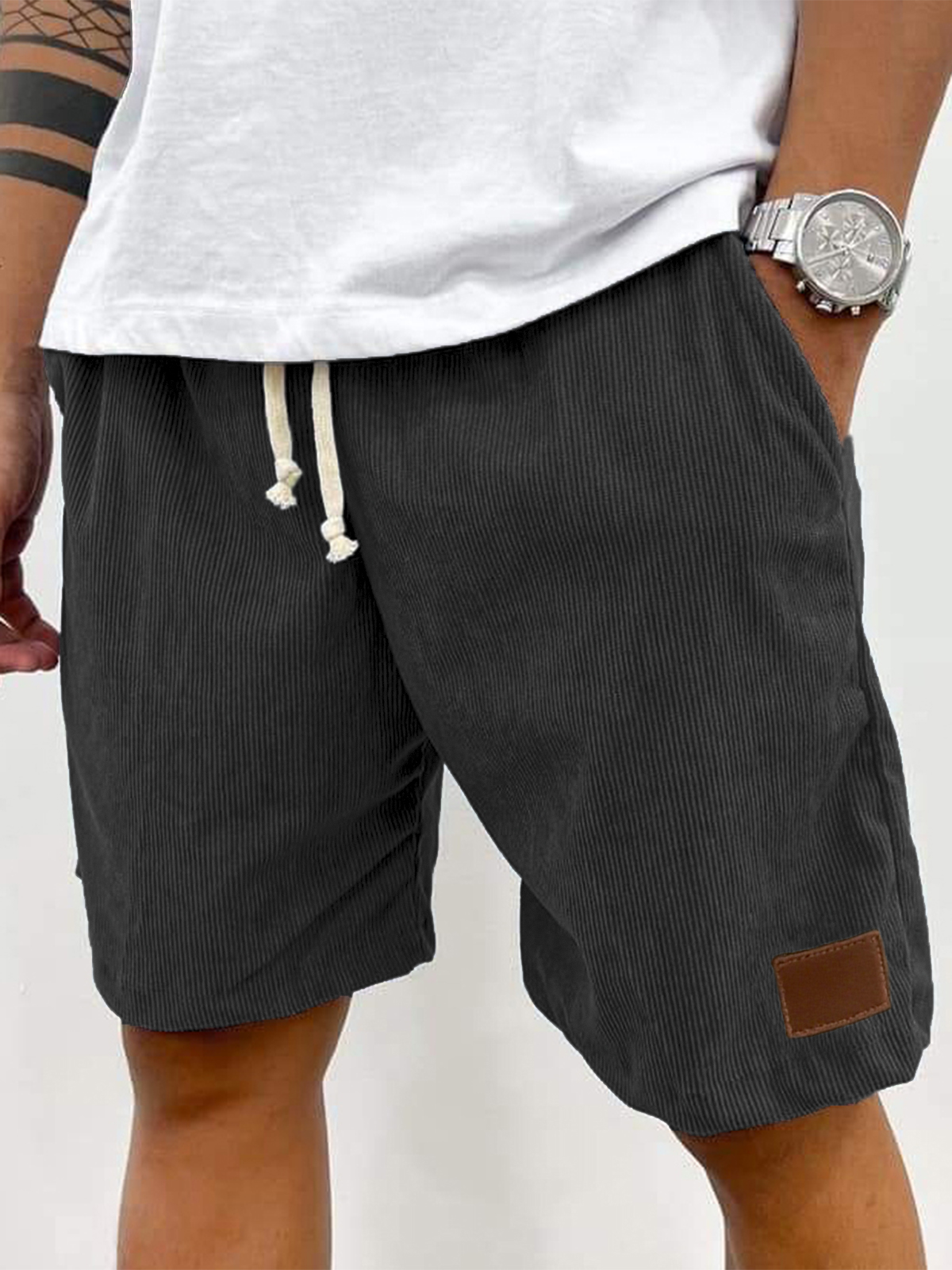 Men's Stylish Corduroy Embroidered Logo Everyday Beach Loose Shorts