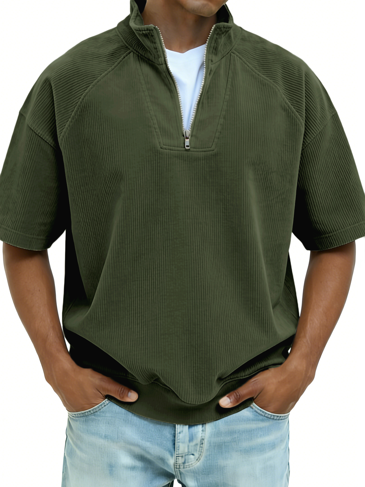 Ribbed Half-zip Patchwork Polo Shirt