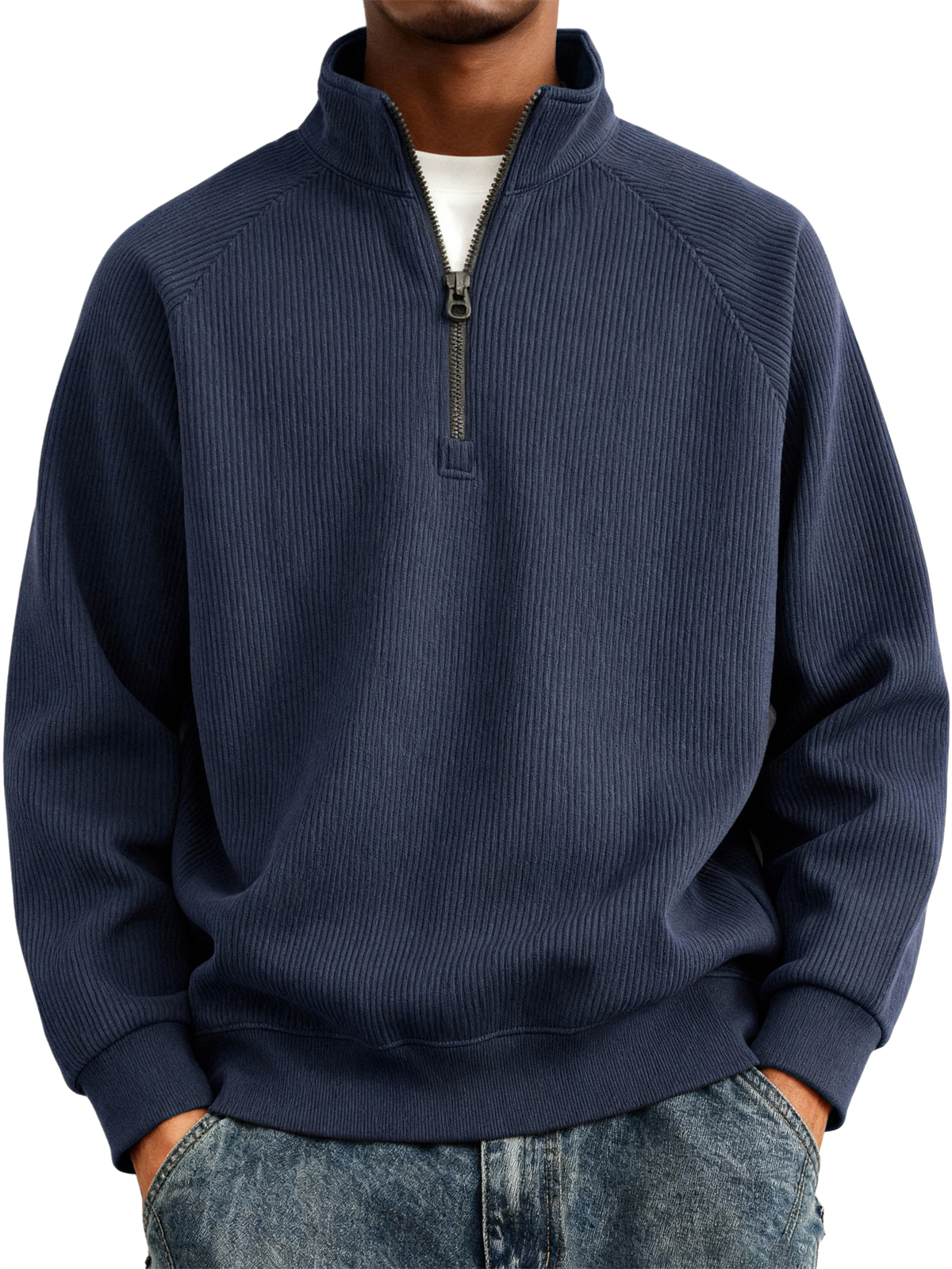 Men's Simple Casual Ribbed Stand Collar Zipper Raglan Sleeve Sweatshirt
