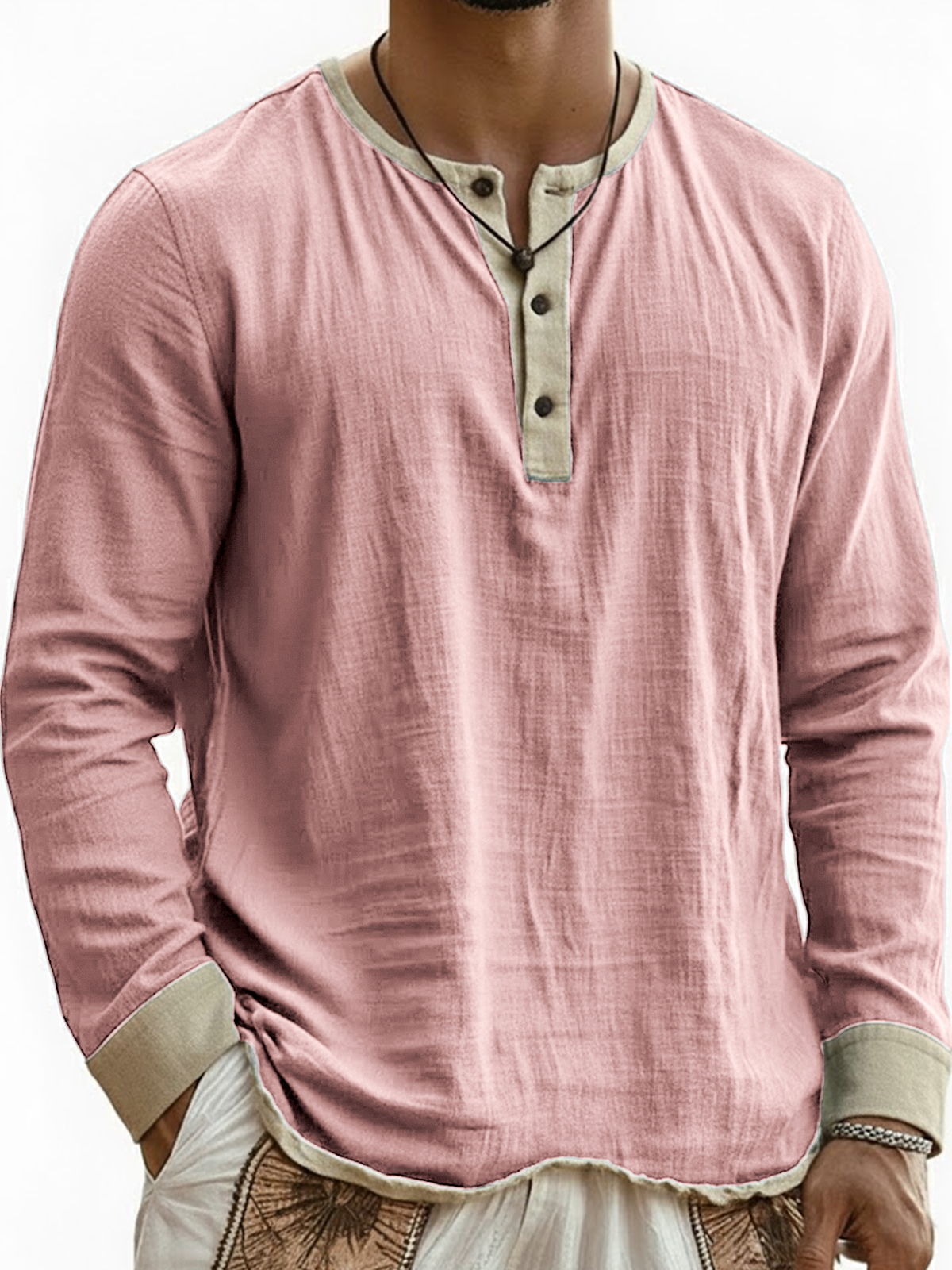 Men's Breathable Linen Wrinkled Textured Color-blocked Henley Long-sleeved Top
