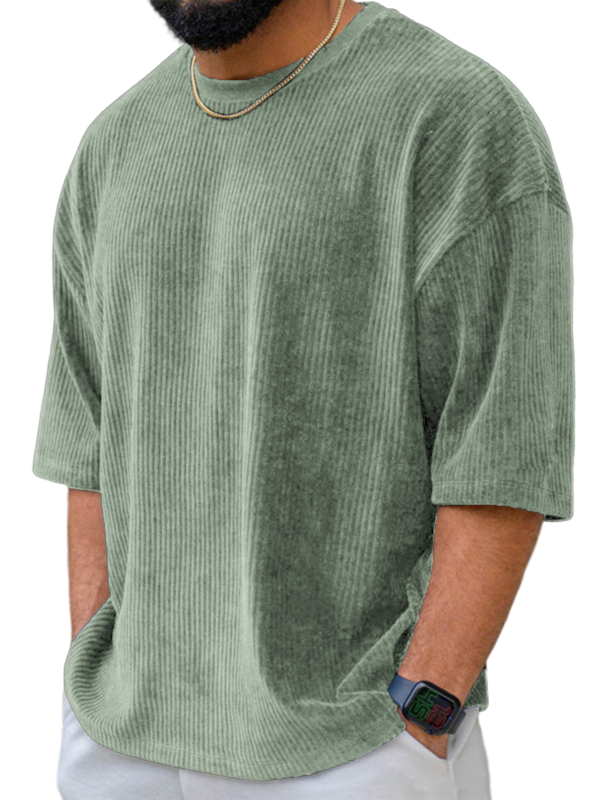 Men's Stylish Corduroy Casual Short-sleeve T-shirt with Thick Wales for Daily Wear