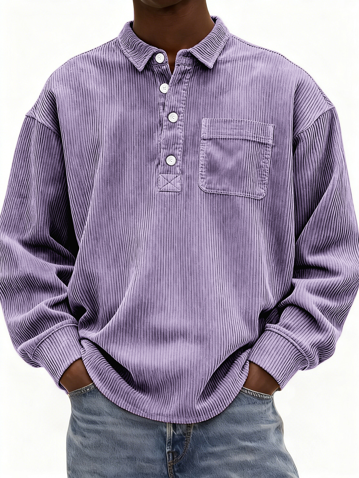 Men's Simple Corduroy Ribbed Button-down Pullover Polo Shirt with Chest Pocket