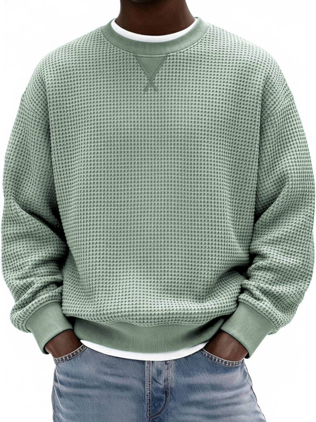 Men's Waffle Texture X-stitch Crew Neck Pullover Sweatshirt