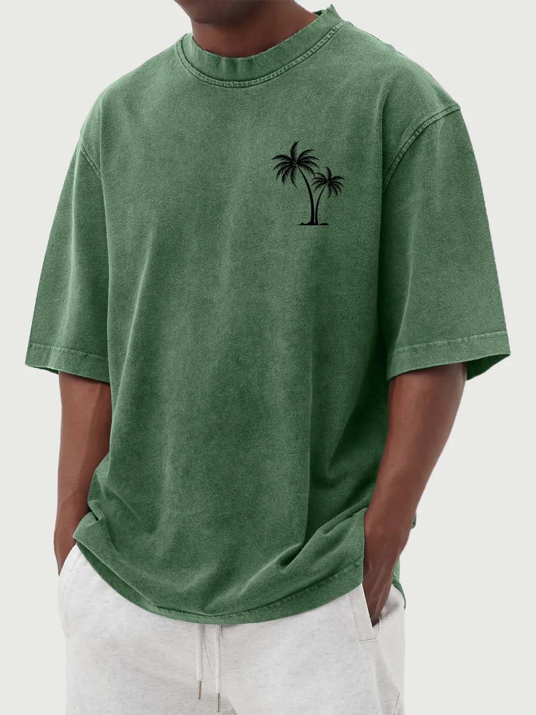 Men's Vintage Washed Palm Tree Print Short Sleeved Round Neck T-shirt