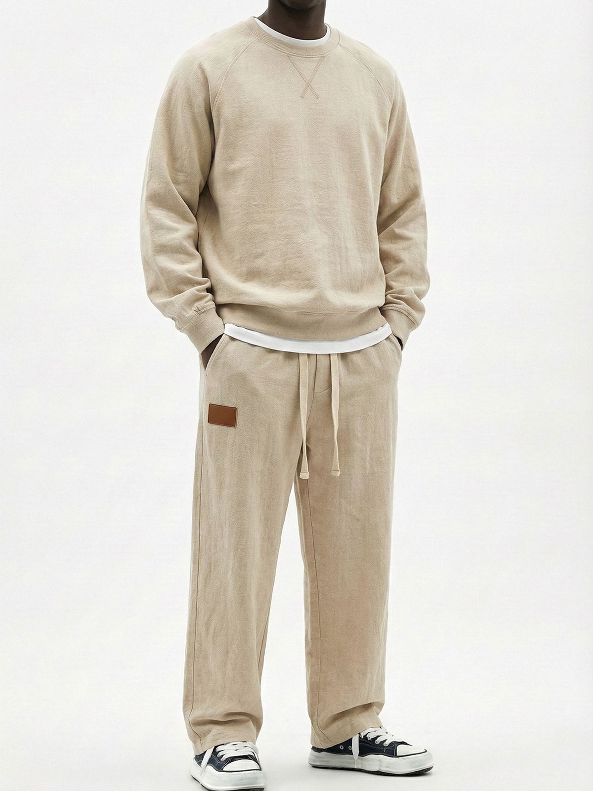 Men's Casual Cotton Embroidered Patchwork Long-Sleeve T-Shirt and Pants Set