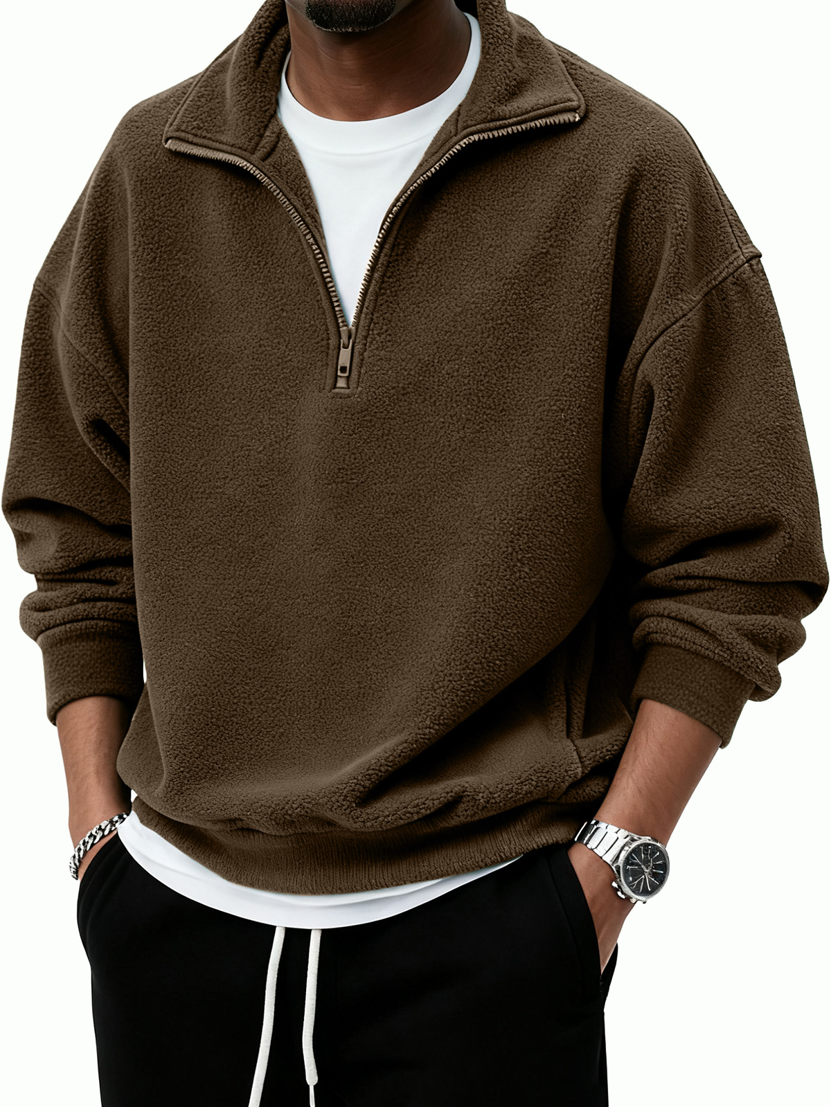 Men's Warm Stylish Casual Half-Zip Stand Collar  Borg Fleece Sweatshirt
