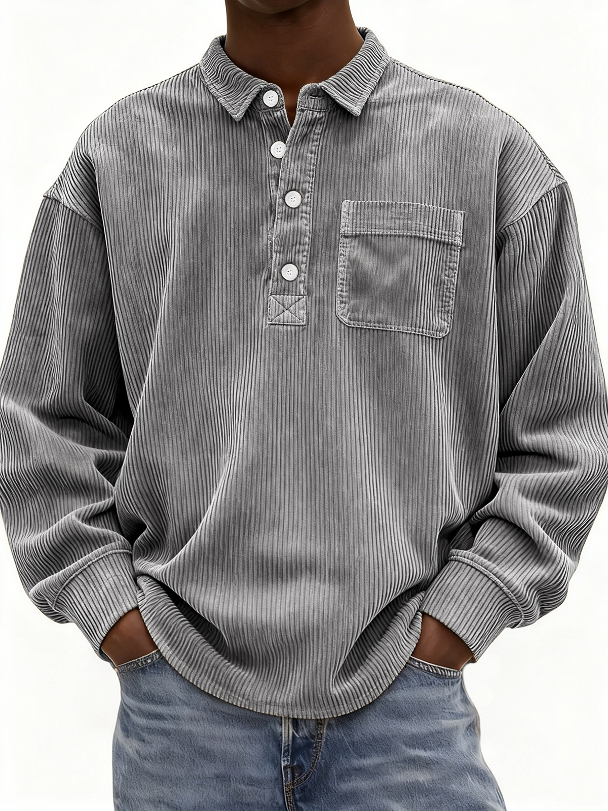 Men's Simple Corduroy Ribbed Button-down Pullover Polo Shirt with Chest Pocket