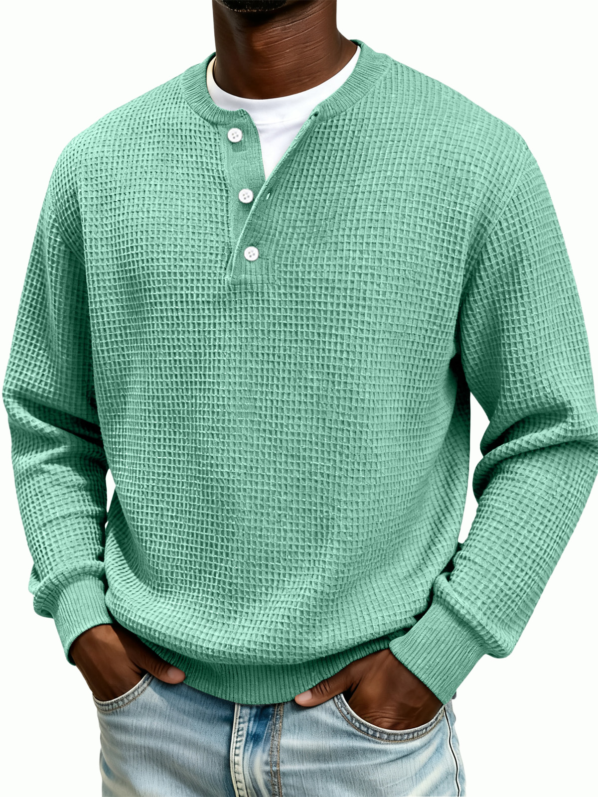 Men's Waffle Knit Henley Collar Long-Sleeve Sweatshirt