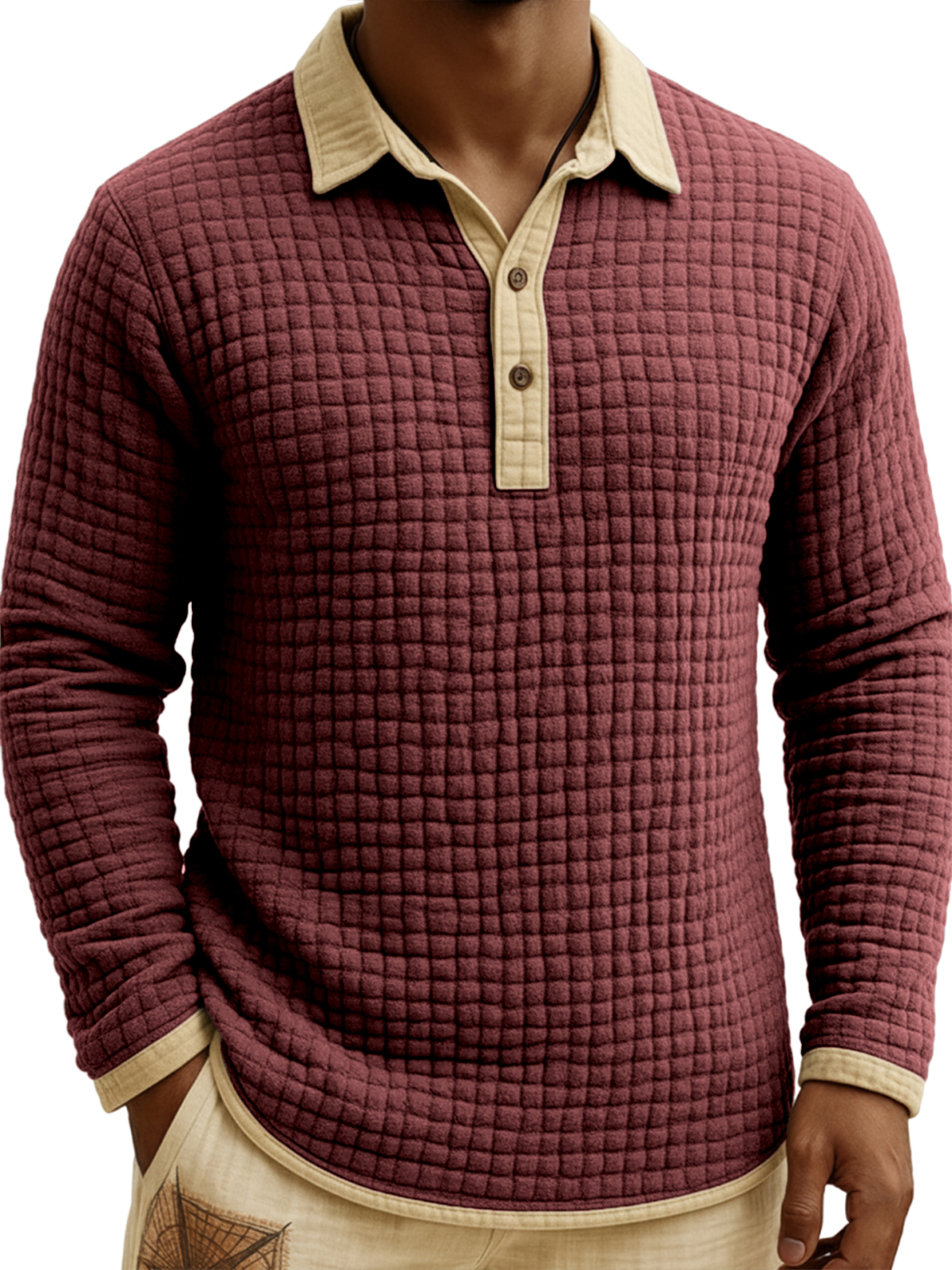 Men's Jacquard Quilted Waffle Contrast Color Pullover Button-down Polo Shirt