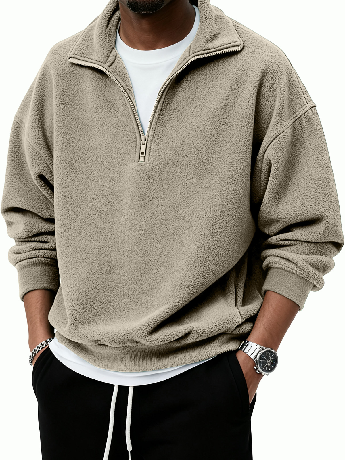 Men's Warm Stylish Casual Half-Zip Stand Collar  Borg Fleece Sweatshirt