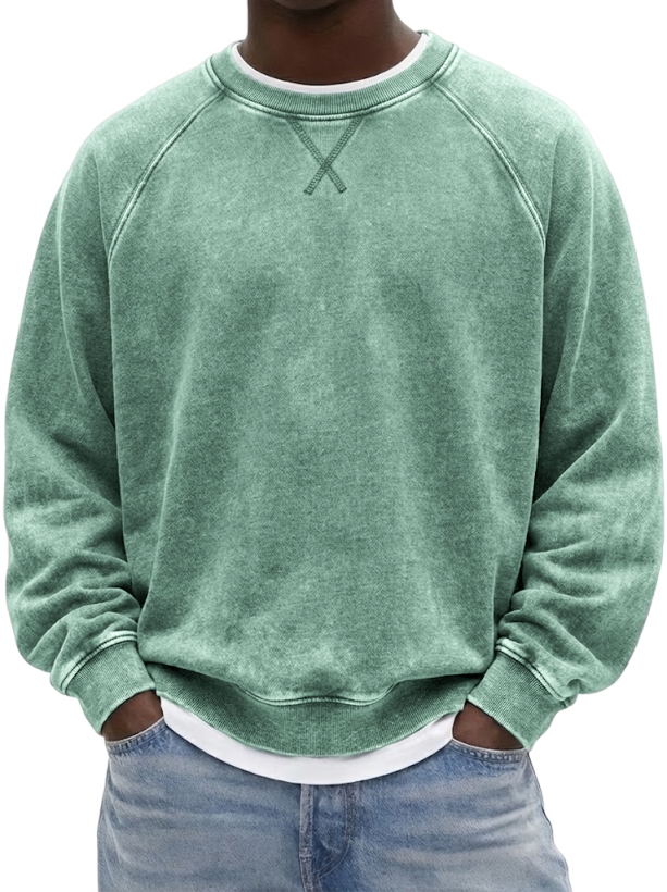 Men's Vintage Heavyweight Terry Cotton Washed Raglan Crewneck Sweatshirt with Embroidered Patchwork