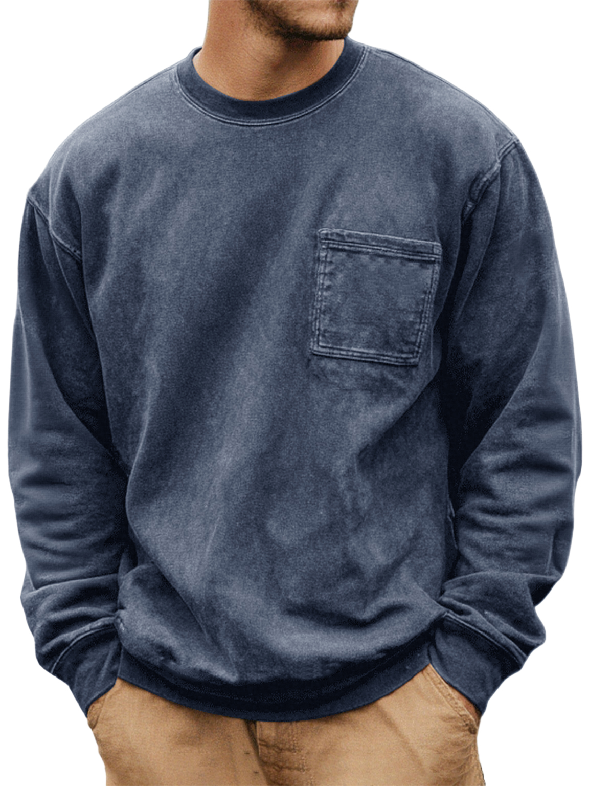 Men's Washed And Distressed Vintage Round Neck Pocket Basic Casual Long-sleeved T-shirt