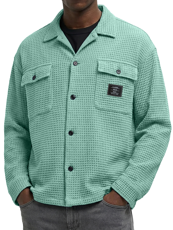 Men's Casual Waffle Fabric Double Pocket Long-Sleeve Shirt