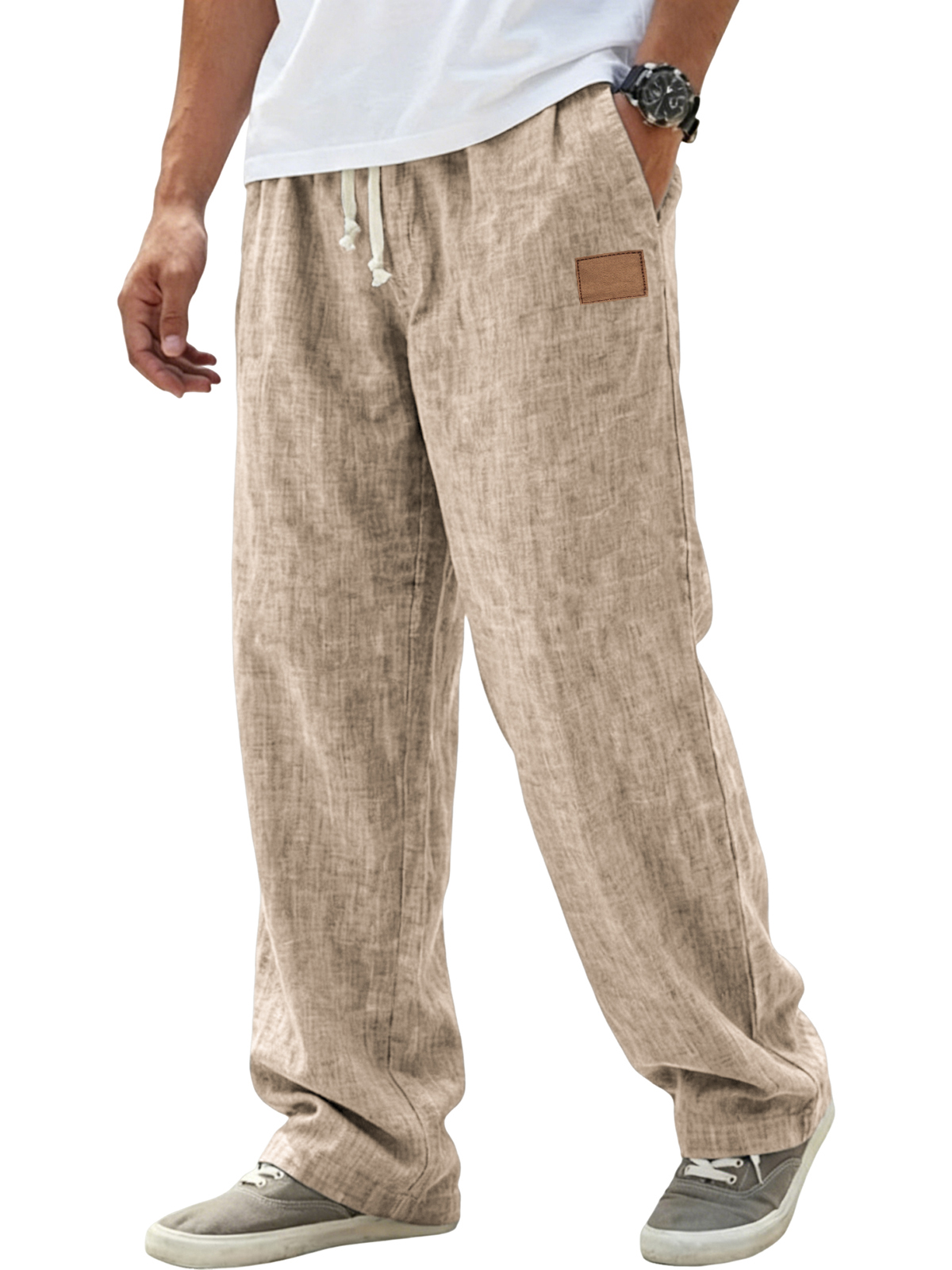 Men's Breathable Linen Pants Resort Casual Loose-Fit Trousers with Embroidered Leather Patch